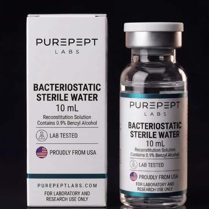 Bacteriostatic sterile water 10 mL vial and carton, Purepept Labs