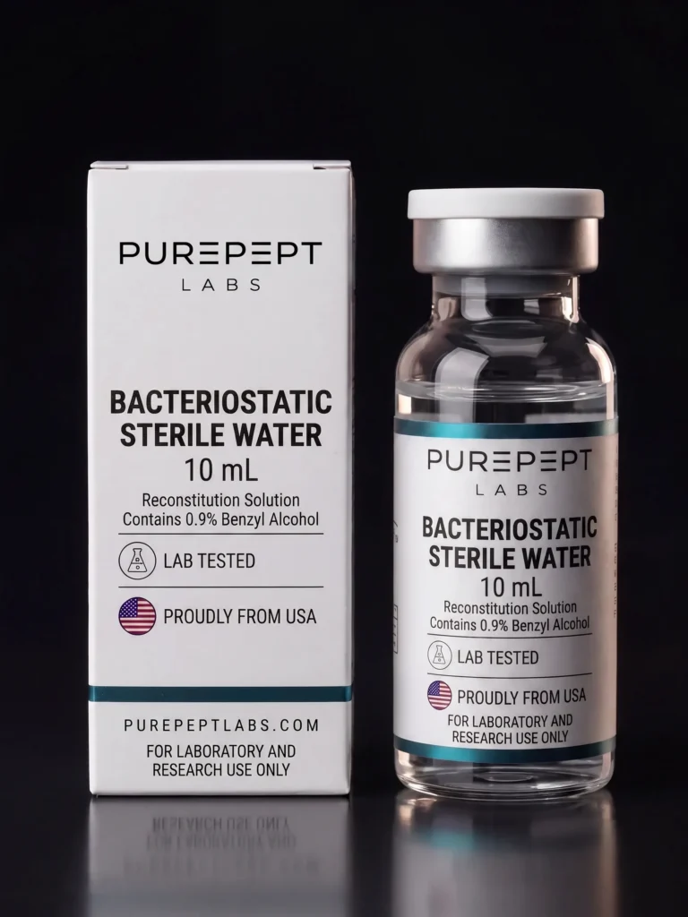 Bacteriostatic sterile water 10 mL vial and carton, Purepept Labs