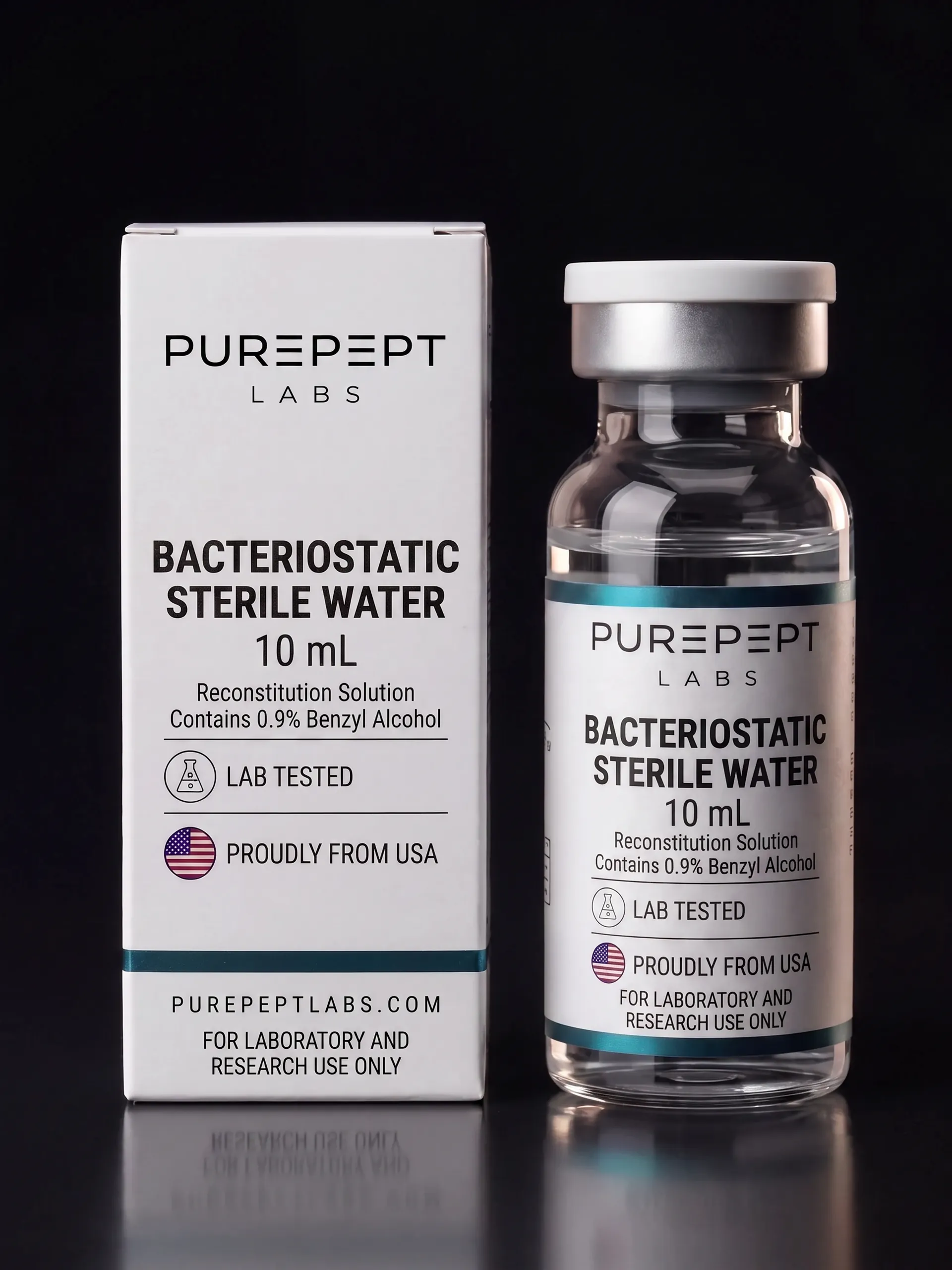 Bacteriostatic sterile water 10 mL vial and carton, Purepept Labs