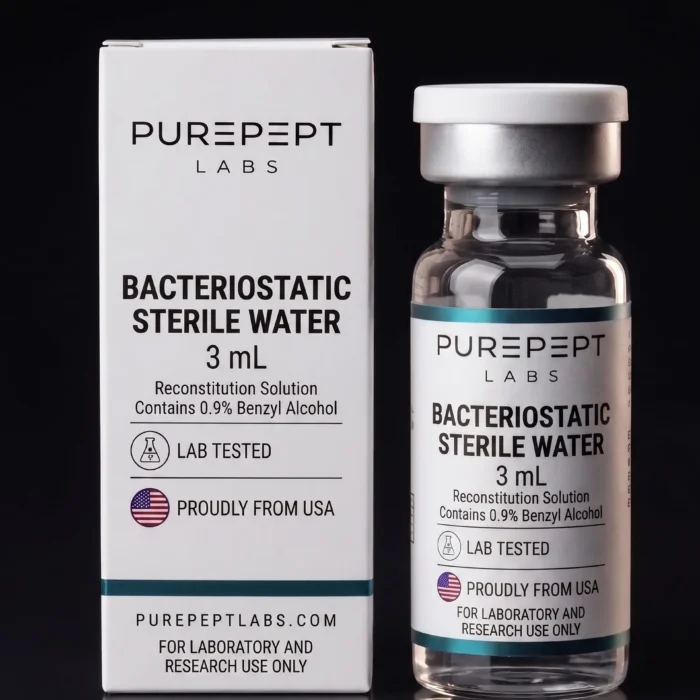 Bacteriostatic sterile water 3 mL vial and carton, Purepept Labs