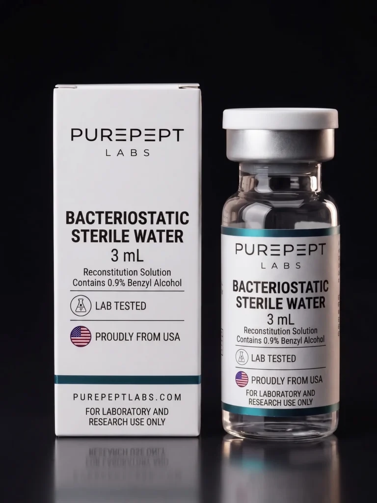 Bacteriostatic sterile water 3 mL vial and carton, Purepept Labs