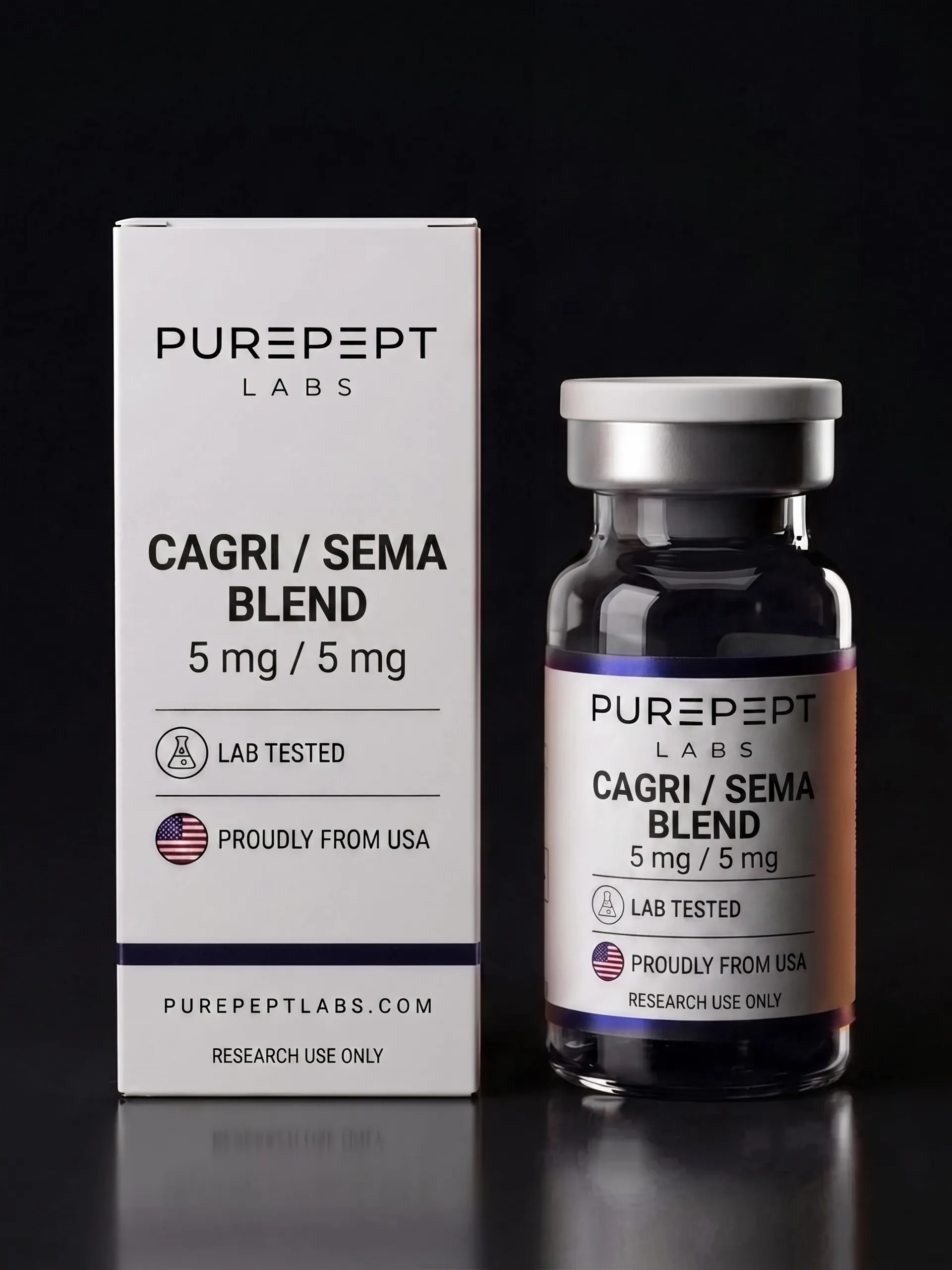 Cagri / Sema Blend research peptide vial and carton, Purepept Labs