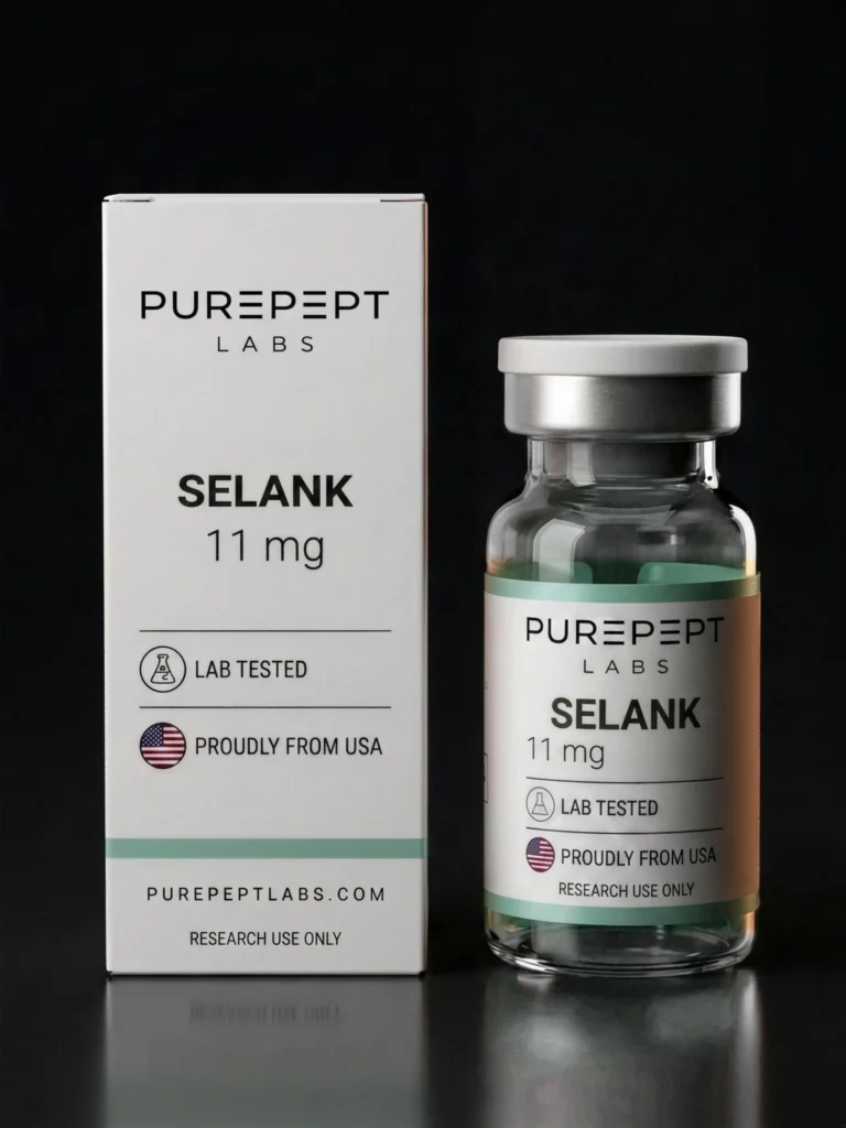 PurePept Labs Selank 11 mg research vial with clear glass beside its carton