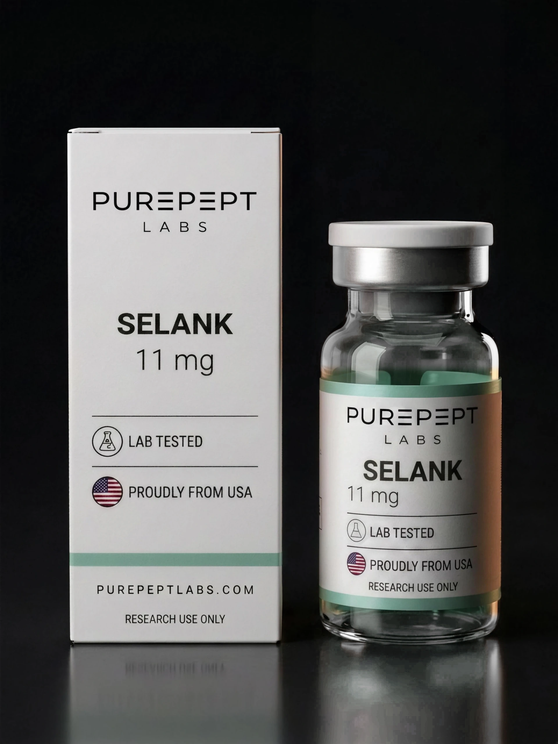 PurePept Labs Selank 11 mg research vial with clear glass beside its carton