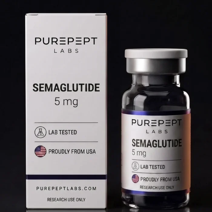 Semaglutide research peptide vial and carton, Purepept Labs