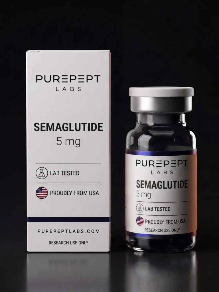 Semaglutide research peptide vial and carton, Purepept Labs